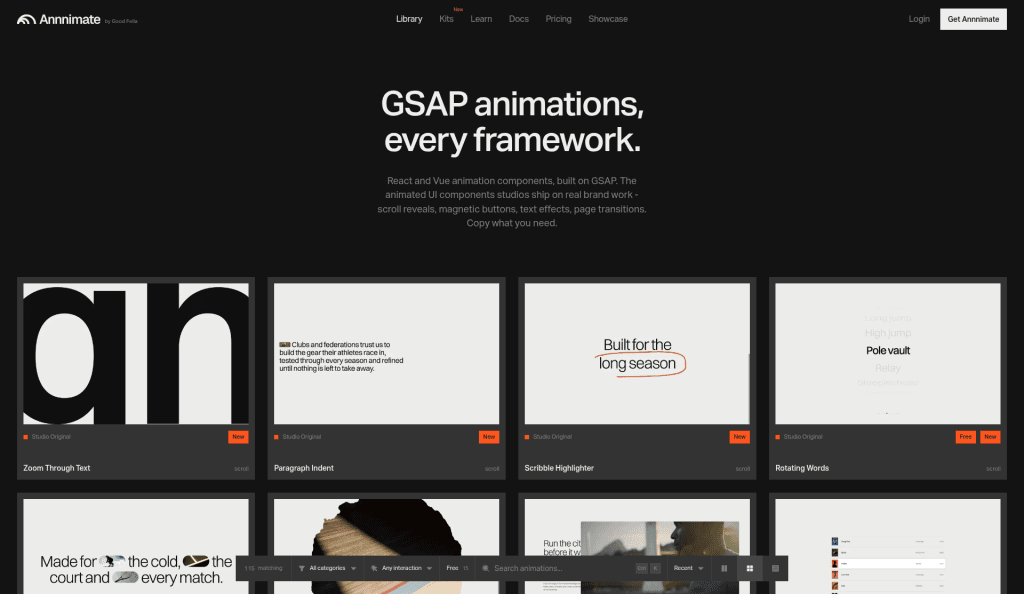 黒地の中央に GSAP animations, every framework.。下段は Zoom Through Text、Paragraph Indent、Scribble Highlighter、Rotating Words。右に New と scroll、画面下に 115 matching