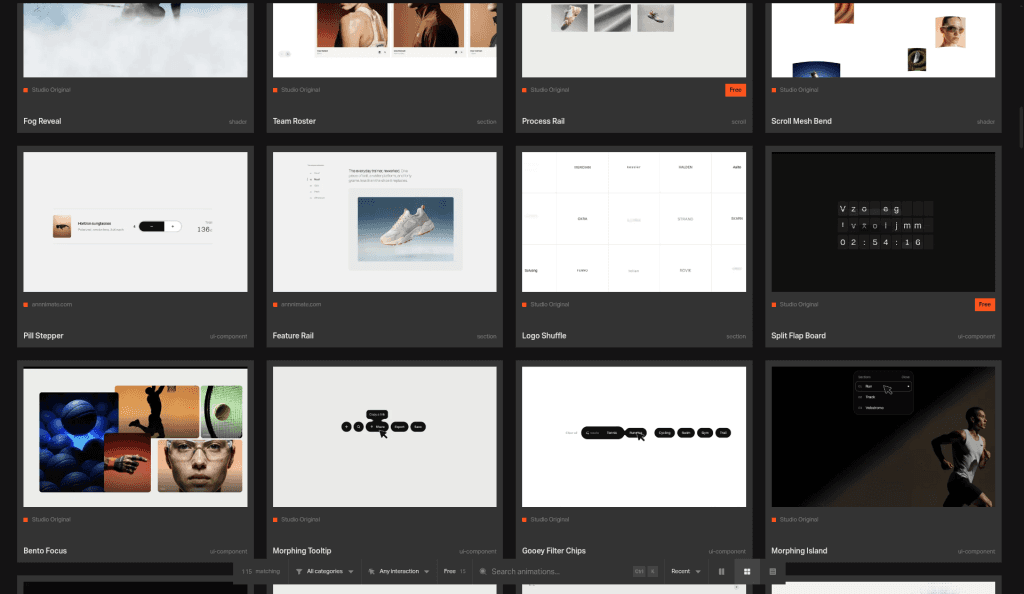 同じ幅のカードが三行。Fog Reveal、Pill Stepper の 136、Bento Focus、Morphing Tooltip。種別は scroll、shader、ui-component。画面下の絞り込みは残る