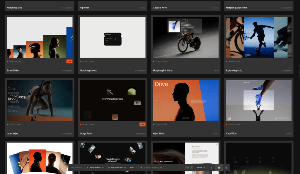 Scale Slider、Morphing Pill Menu、Index Wipe、Wipe Slider。写真の多いカードが並び、Free と experimental。画面下の絞り込みは残る