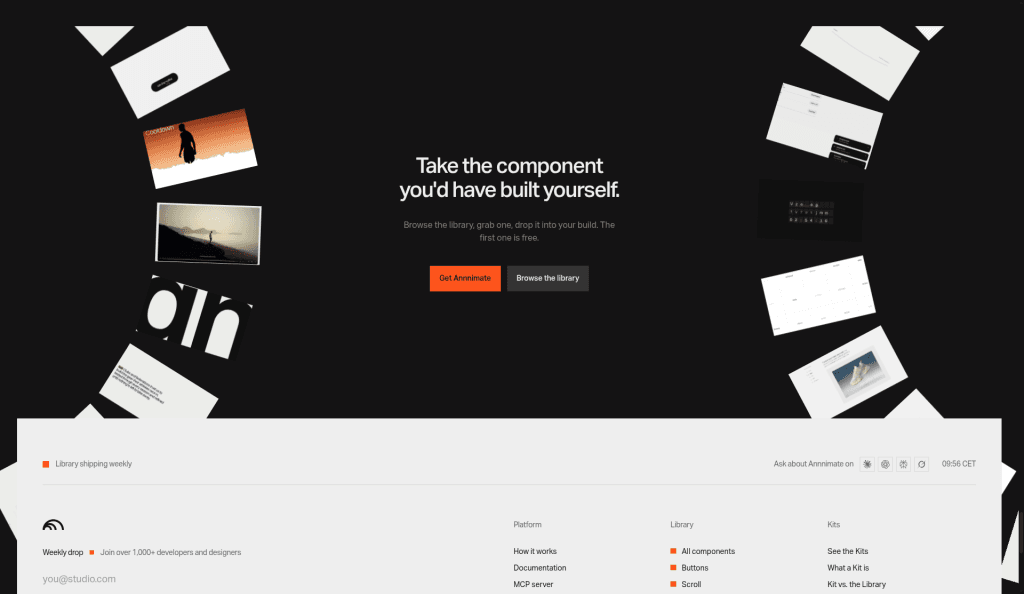 傾いた白いカードに囲まれた Take the component you'd have built yourself.。オレンジの Get Annnimate と、薄いグレーの Library shipping weekly