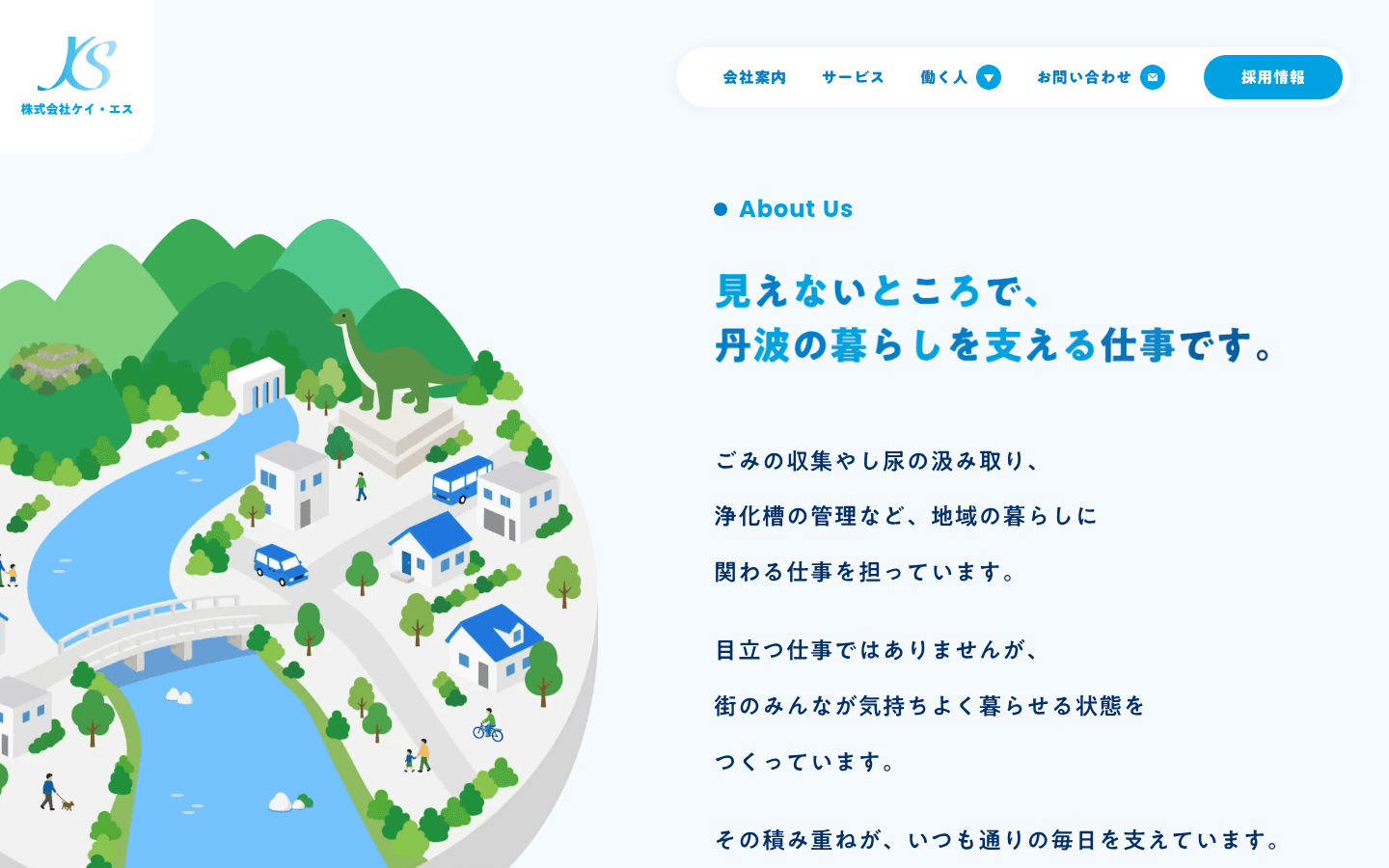 左は川と橋、青い屋根、恐竜のいる町の絵。右は About Us と「見えないところで、丹波の暮らしを支える仕事です。」