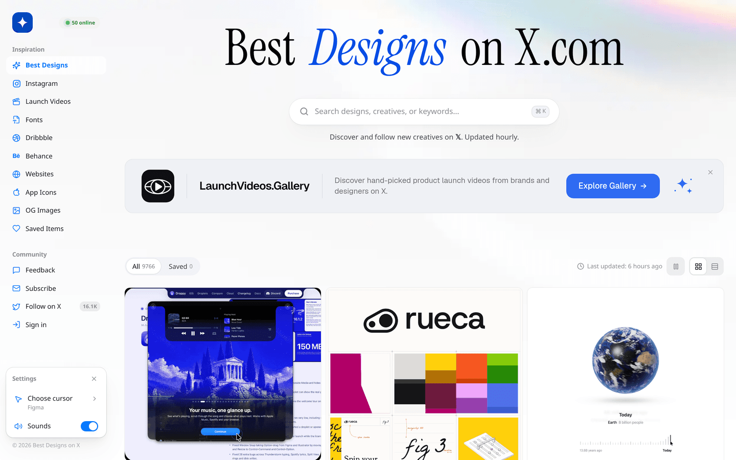 左の欄は Best Designs だけが青。セリフの Best Designs on X.com で Designs が青の斜体。下は白い検索、LaunchVideos.Gallery、All の白いピル。見本は三列の端