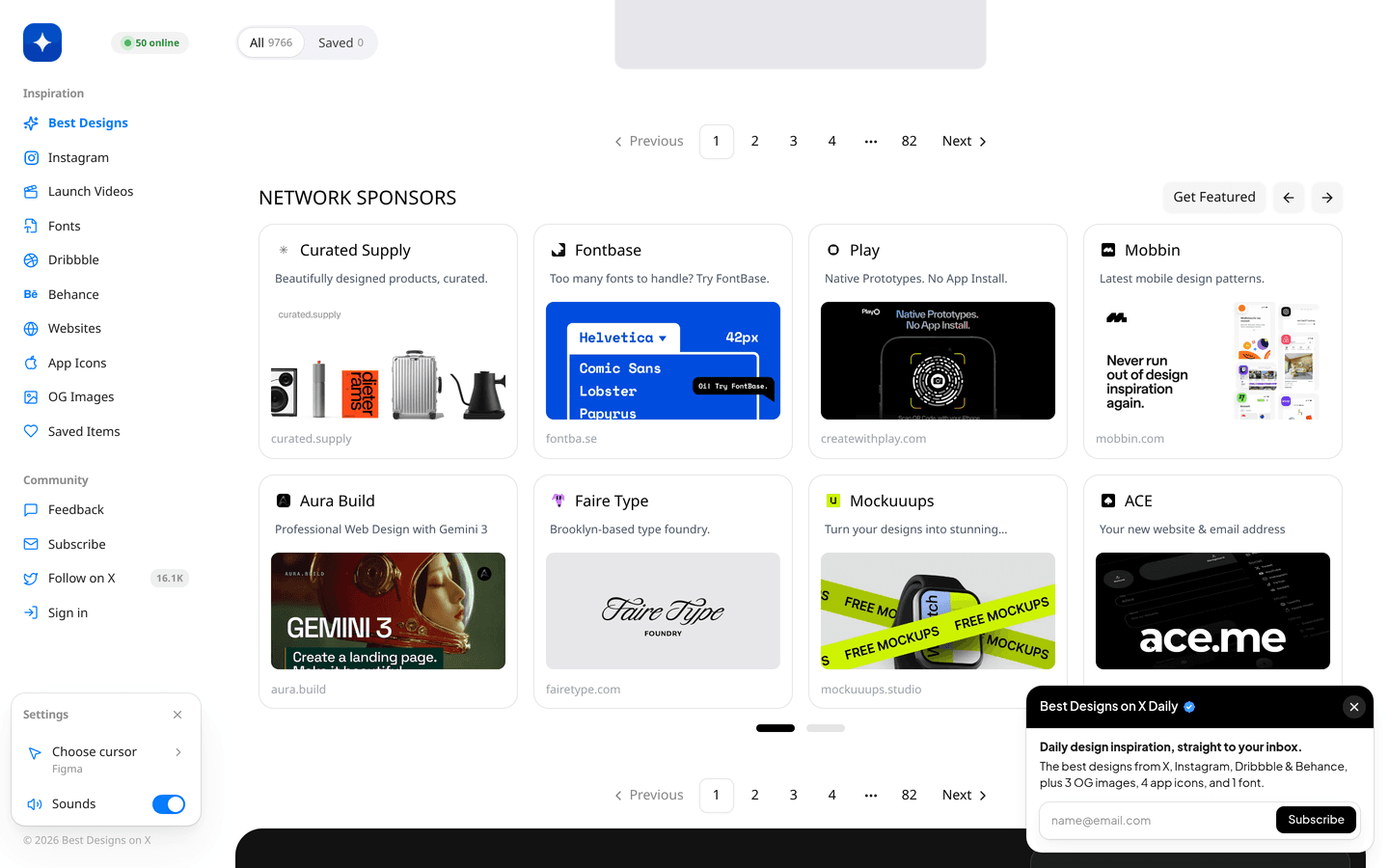 1 から 82 のページ。NETWORK SPONSORS と Get Featured。同じ寸法のカードに名前、短い説明、ドメイン