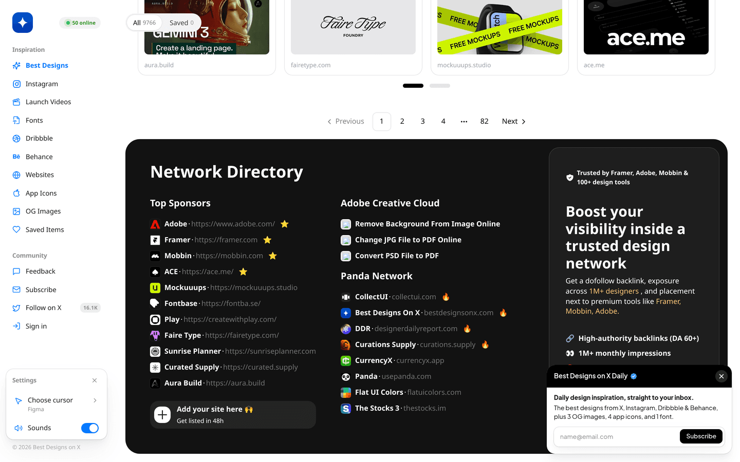 暗い Network Directory。左は Top Sponsors の名前と URL、右は Adobe Creative Cloud と Panda Network。さらに右に Become a Sponsor