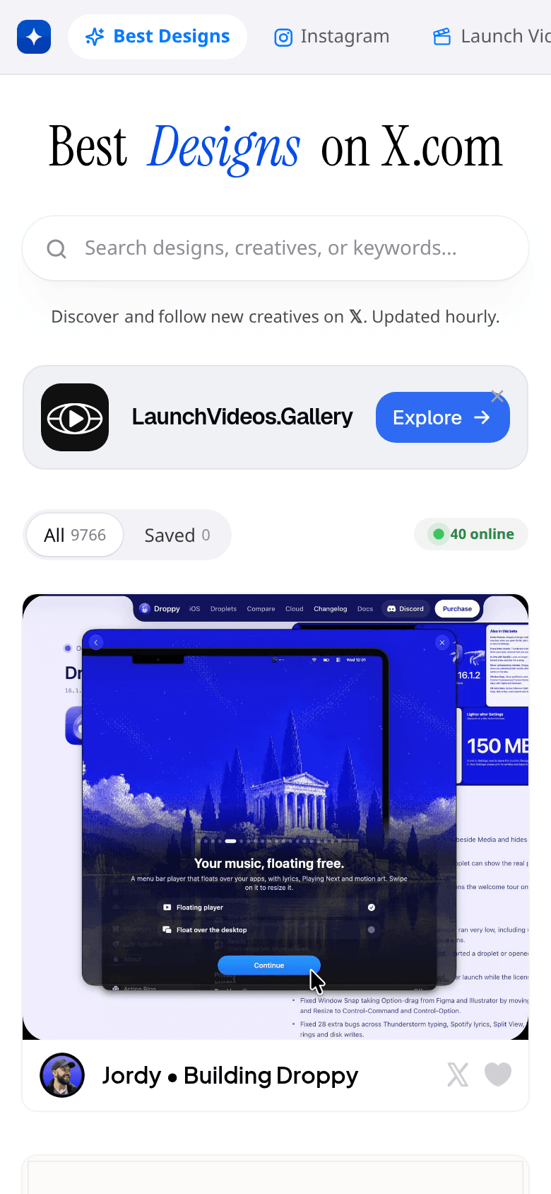 上は Best Designs、Instagram、Launch Videos。見出しは同じセリフで小さく、検索と All は縦に積む。online は右。見本は一列