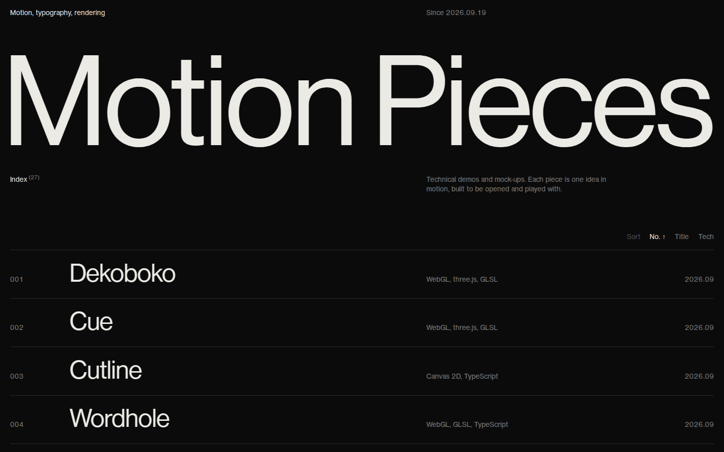 黒地。左に Motion, typography, rendering、右に Since 2026.09.19。題は版面いっぱいの Motion Pieces。Index (27) の下に 001 Dekoboko から 004 Wordhole