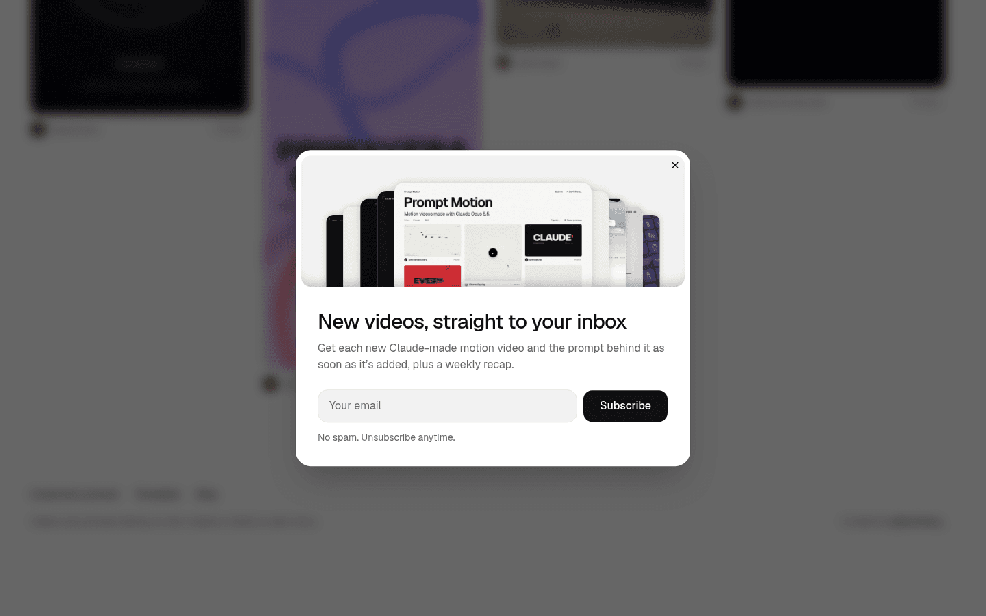 白地の終端。Customize a prompt、Templates、Blog と、動画とプロンプトは投稿者のものだという細い文