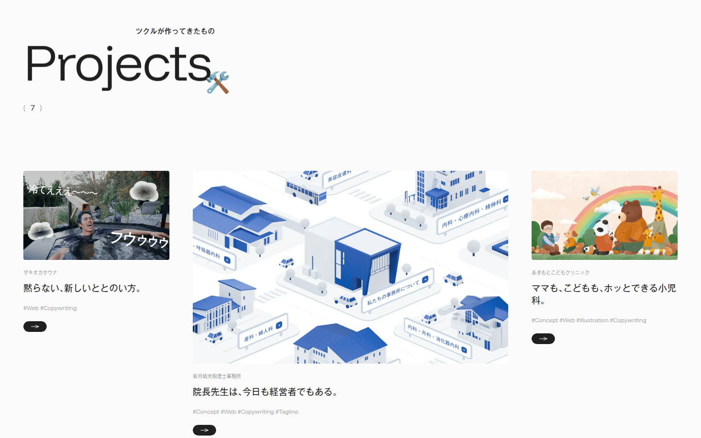 ツクルが作ってきたものと Projects、工具の絵、( 7 )。下は幅の違う三枚。サウナ、青い建物、虹と動物。見出しと黒い矢印